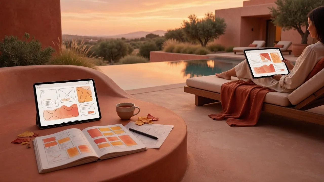 Serene luxury retreat landscape at golden hour